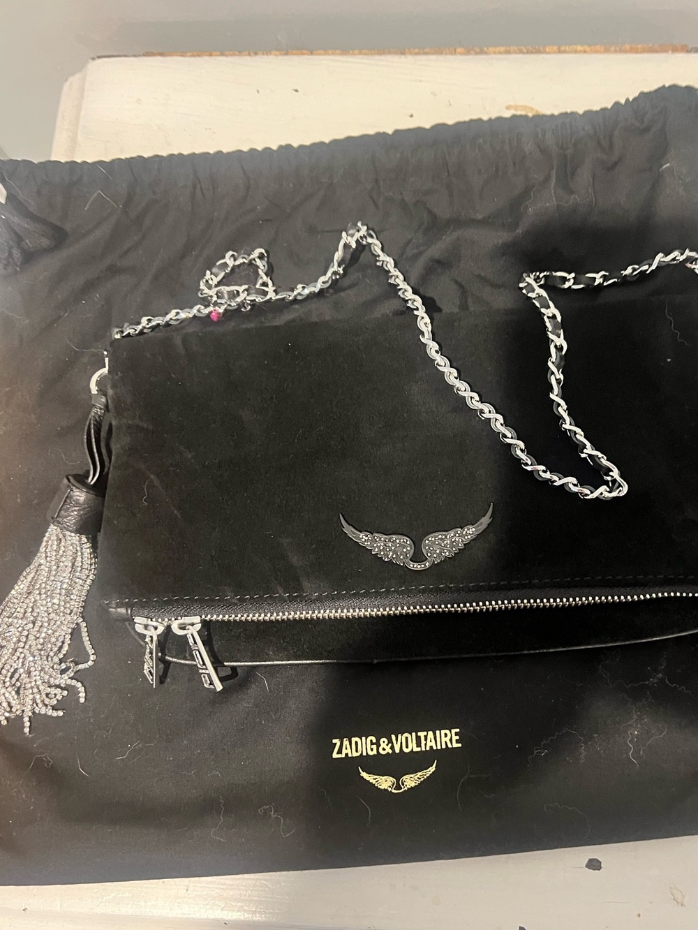 Zadig & Voltaire ROCK SUEDE STRASS TASSEL CROSSBODY BAG IN NOIR - Picture 4 of 13